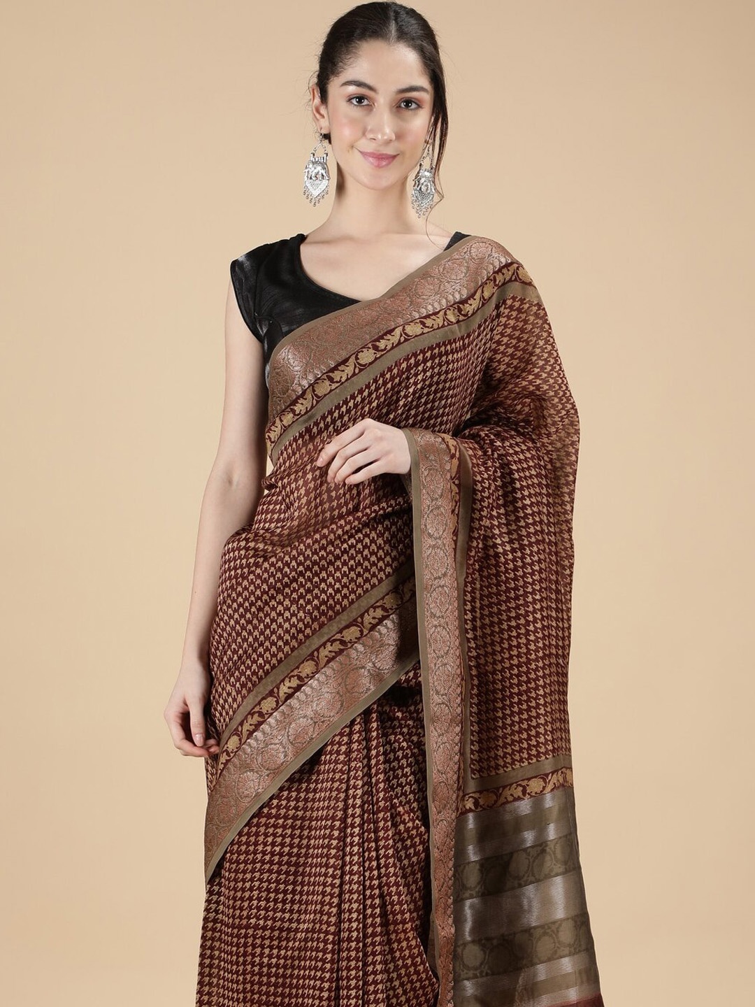 

KADHUWA BANARAS Ethnic Motifs Printed Chanderi Saree, Brown