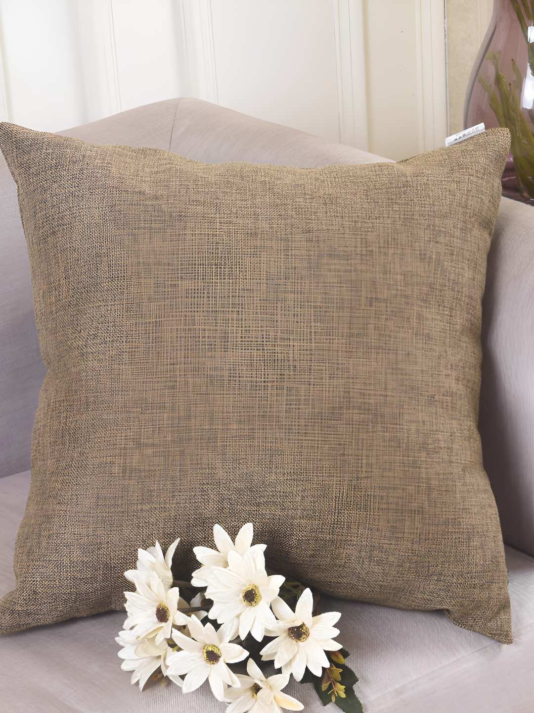 

CASA-NEST Brown 2 Pieces Square Jute Cotton Cushion Covers