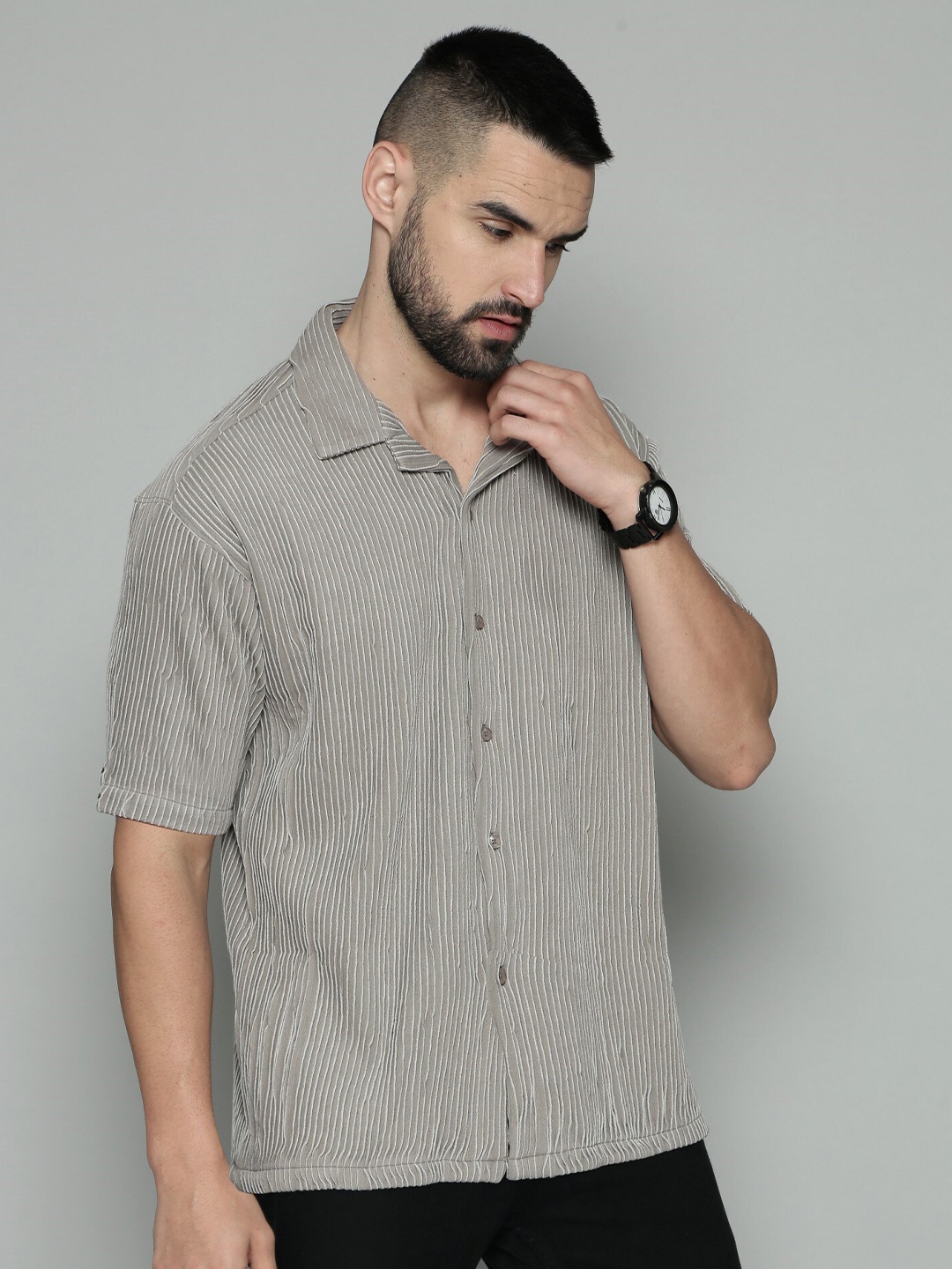 

Maniac Cuban Collar Short Sleeves Relaxed Striped Casual Cotton Shirt, Grey