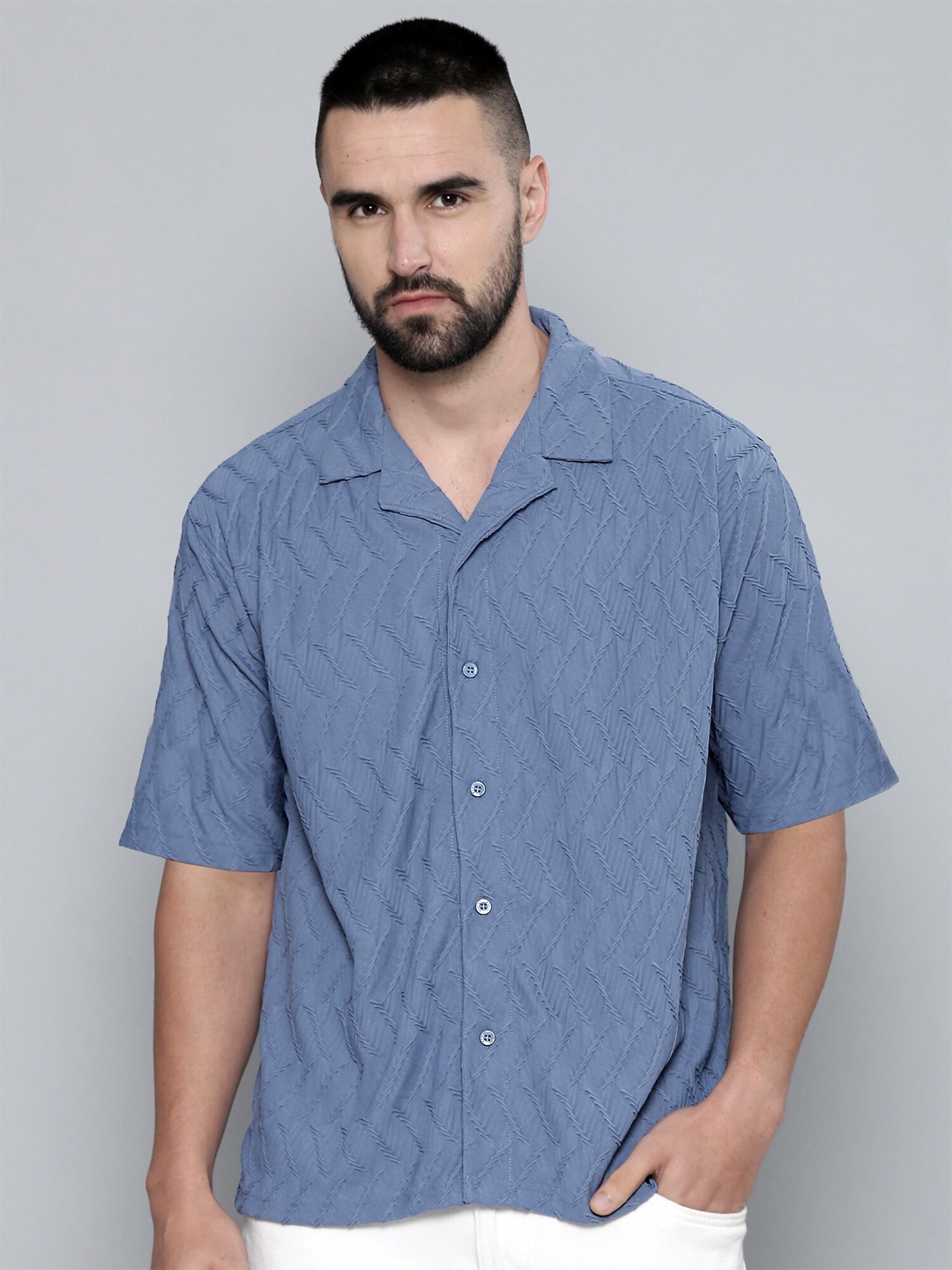 

Maniac Cuban Collar Short Sleeves Relaxed Casual Cotton Shirt, Blue