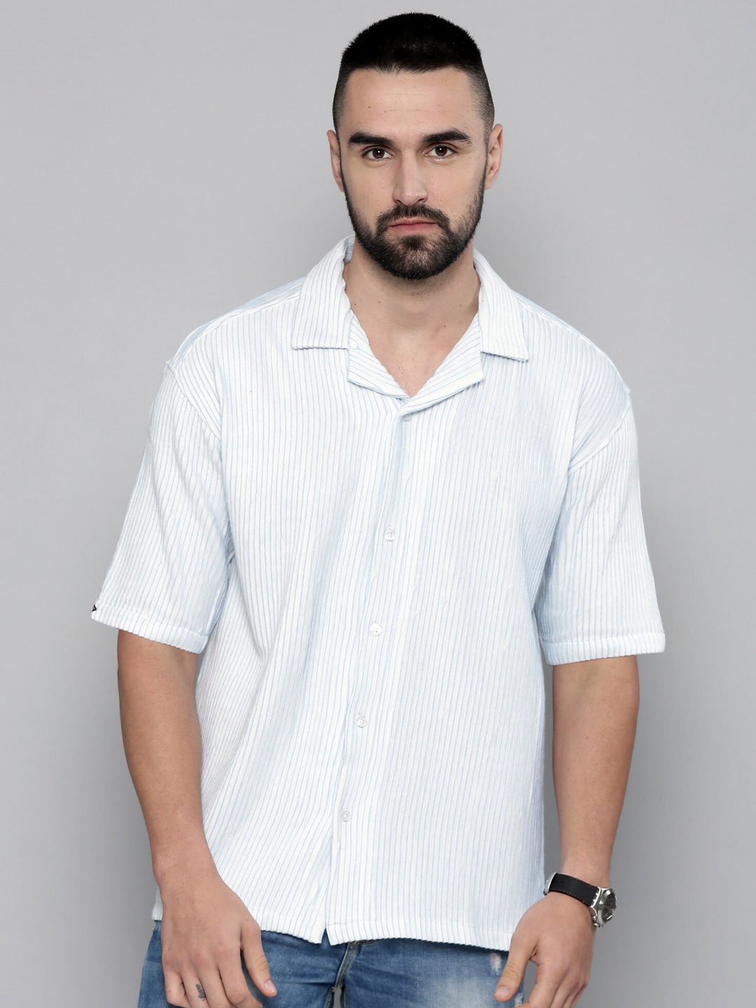 

Maniac Cuban Collar Relaxed Cotton Striped Casual Shirt, White