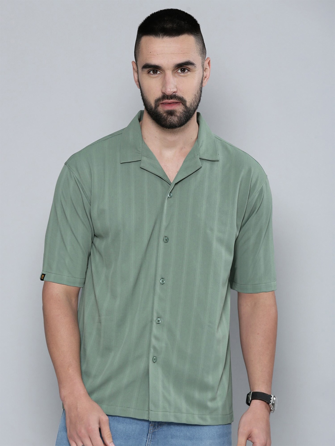 

Maniac Cuban Collar Relaxed Cotton Striped Casual Shirt, Green