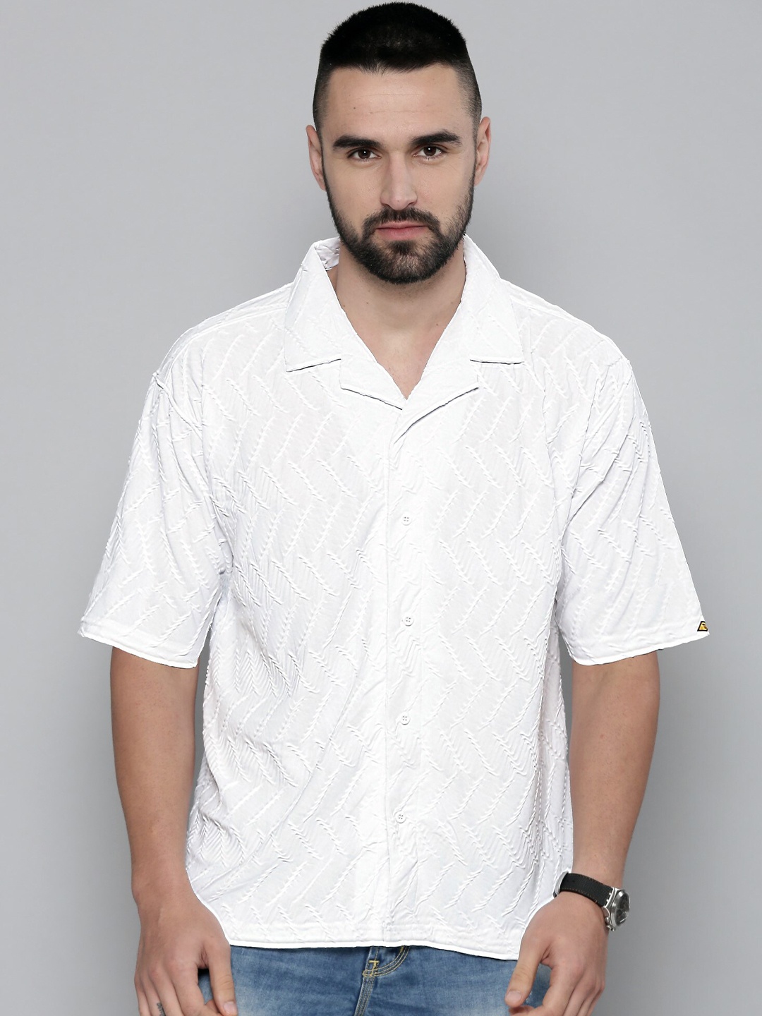 

Maniac Cuban Collar Relaxed Cotton Printed Casual Shirt, White
