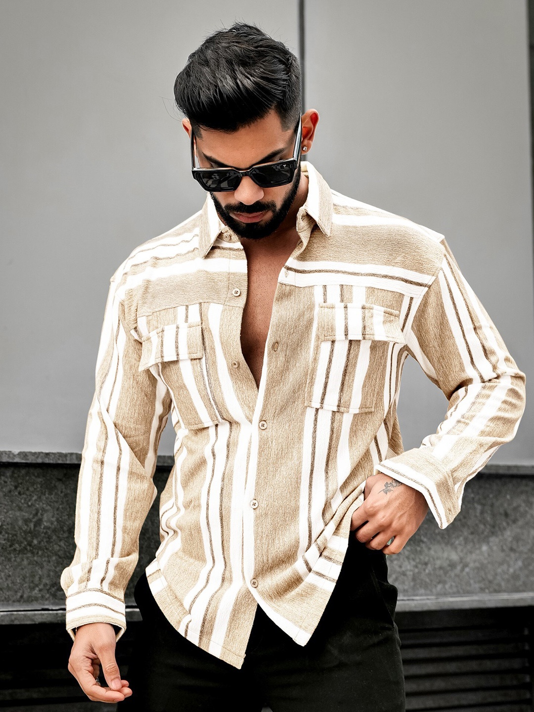 

Maniac Relaxed Striped Cotton Casual Shirt, Beige
