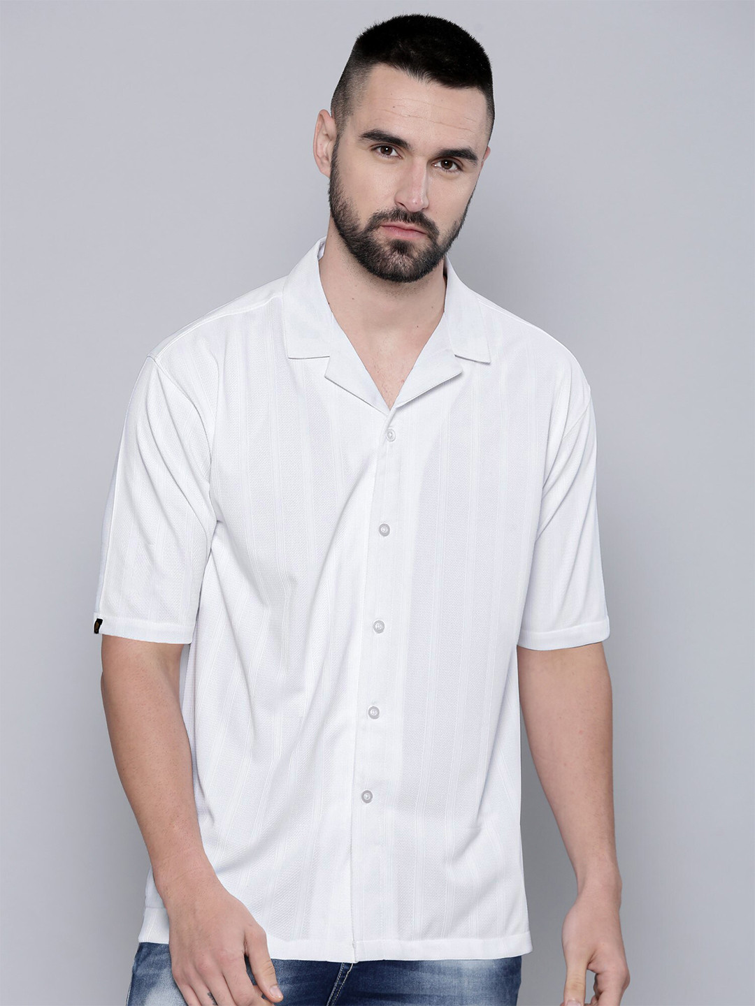 

Maniac Cuban Collar Relaxed Striped Cotton Casual Shirt, White