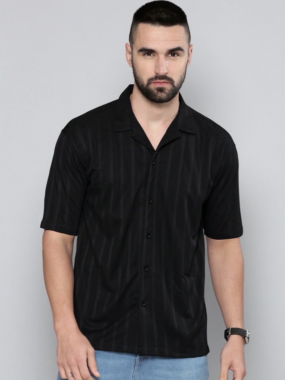 

Maniac Cuban Collar Relaxed Striped Cotton Casual Shirt, Black