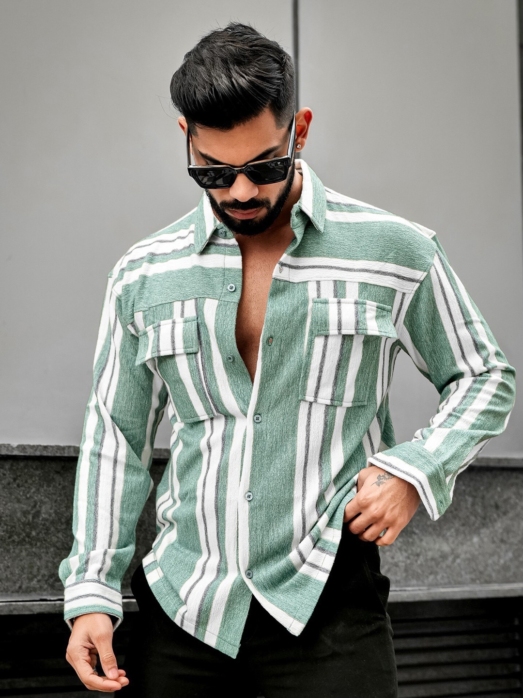 

Maniac Relaxed Cotton Striped Collared Neck Casual Shirt, Green