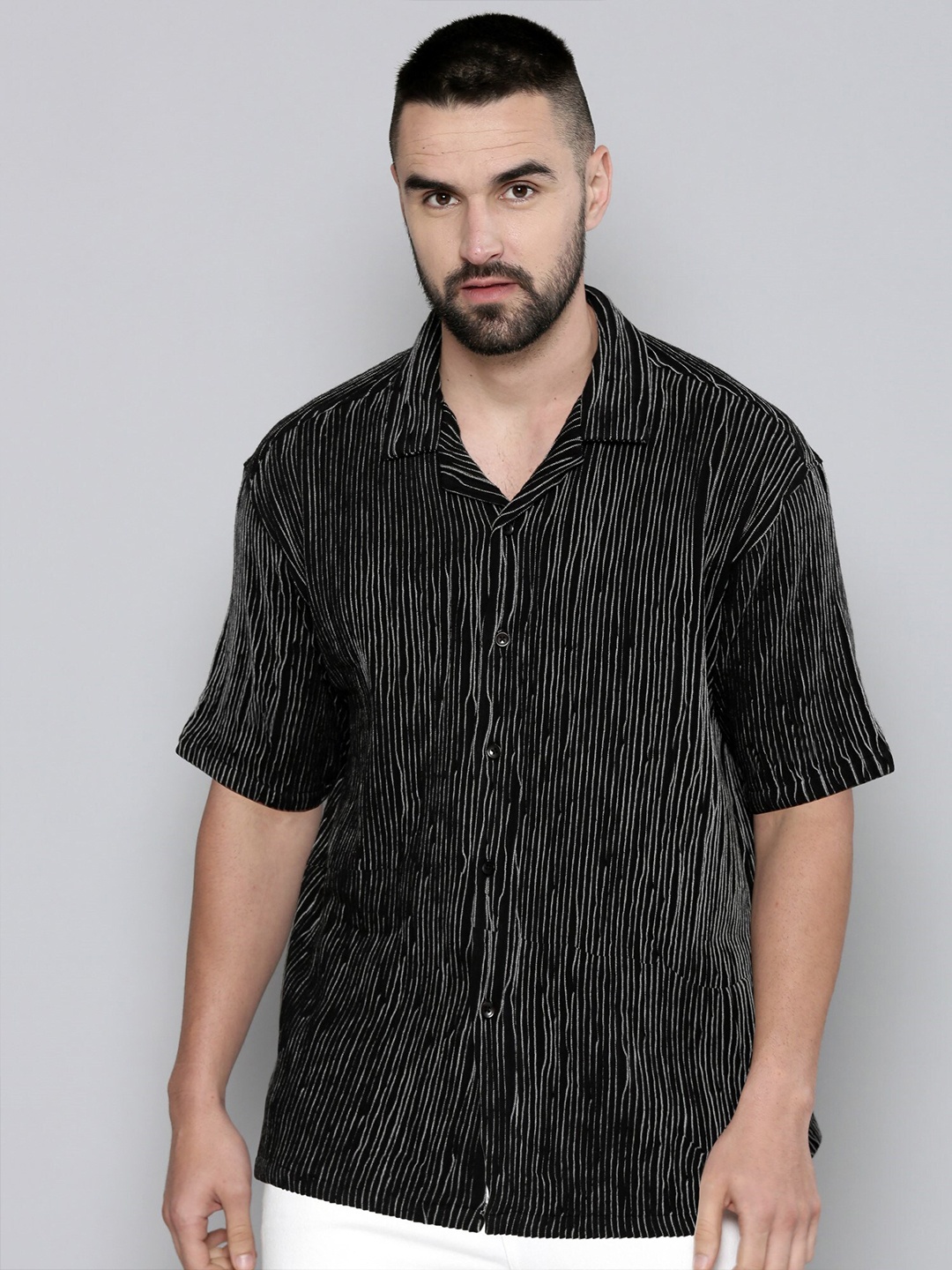 

Maniac Cuban Collar Relaxed Cotton Striped Casual Shirt, Black