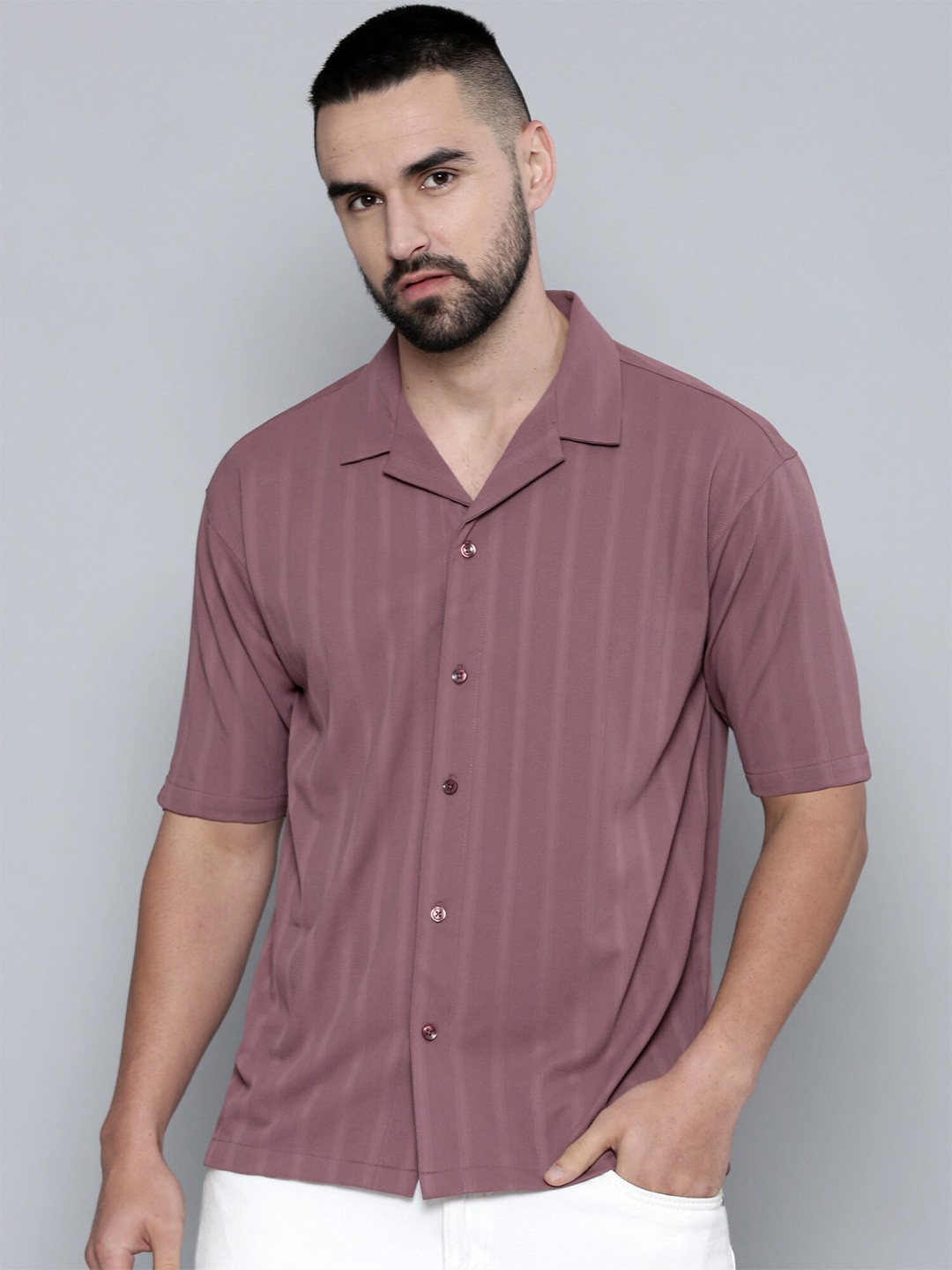 

Maniac Cuban Collar Striped Relaxed Cotton Casual Shirt, Mauve