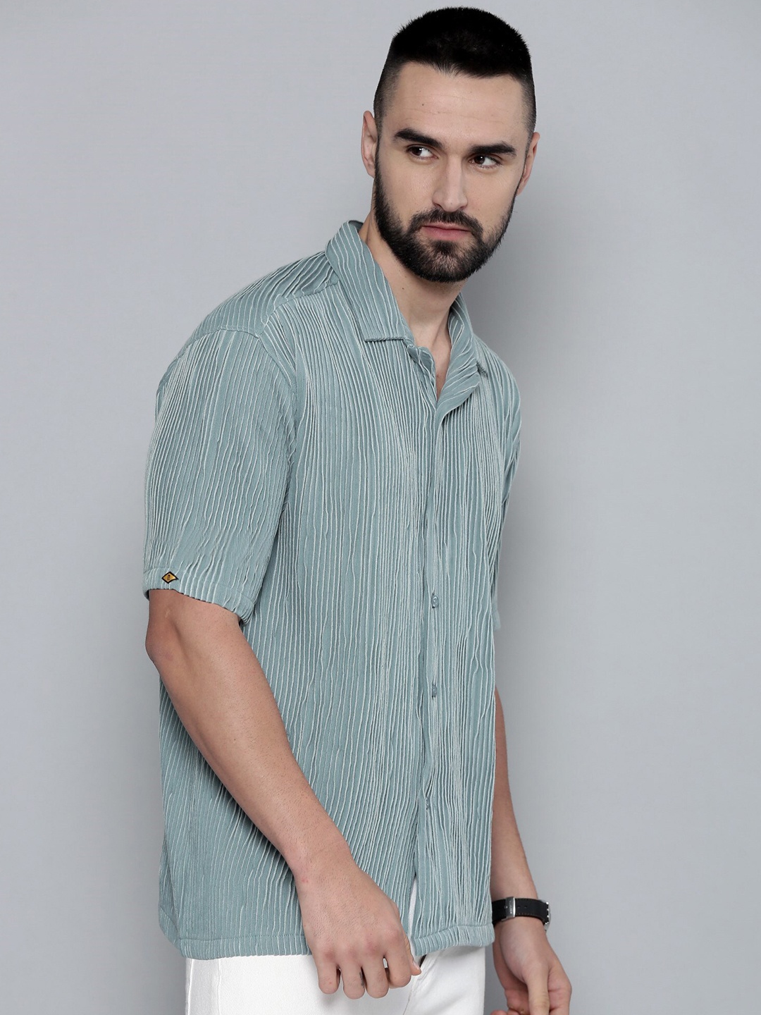 

Maniac Cuban Collar Relaxed Cotton Striped Casual Shirt, Green