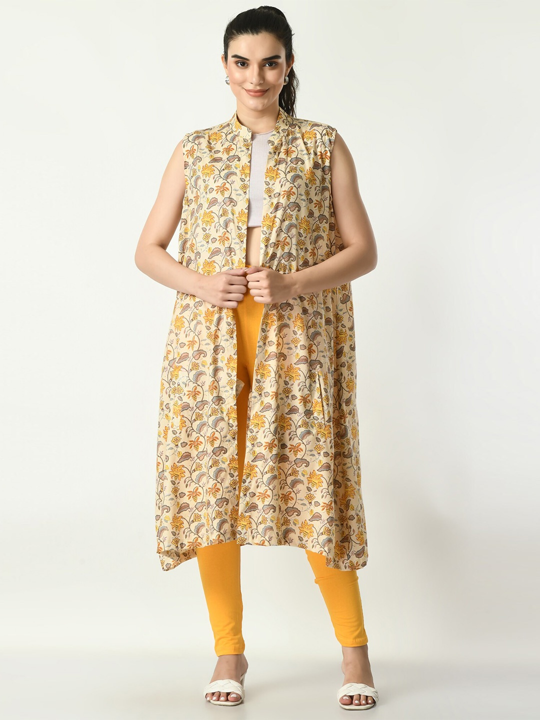 

BAESD Floral Printed Mandarin Collar Sleeveless A-Line Midi Dress, Beige