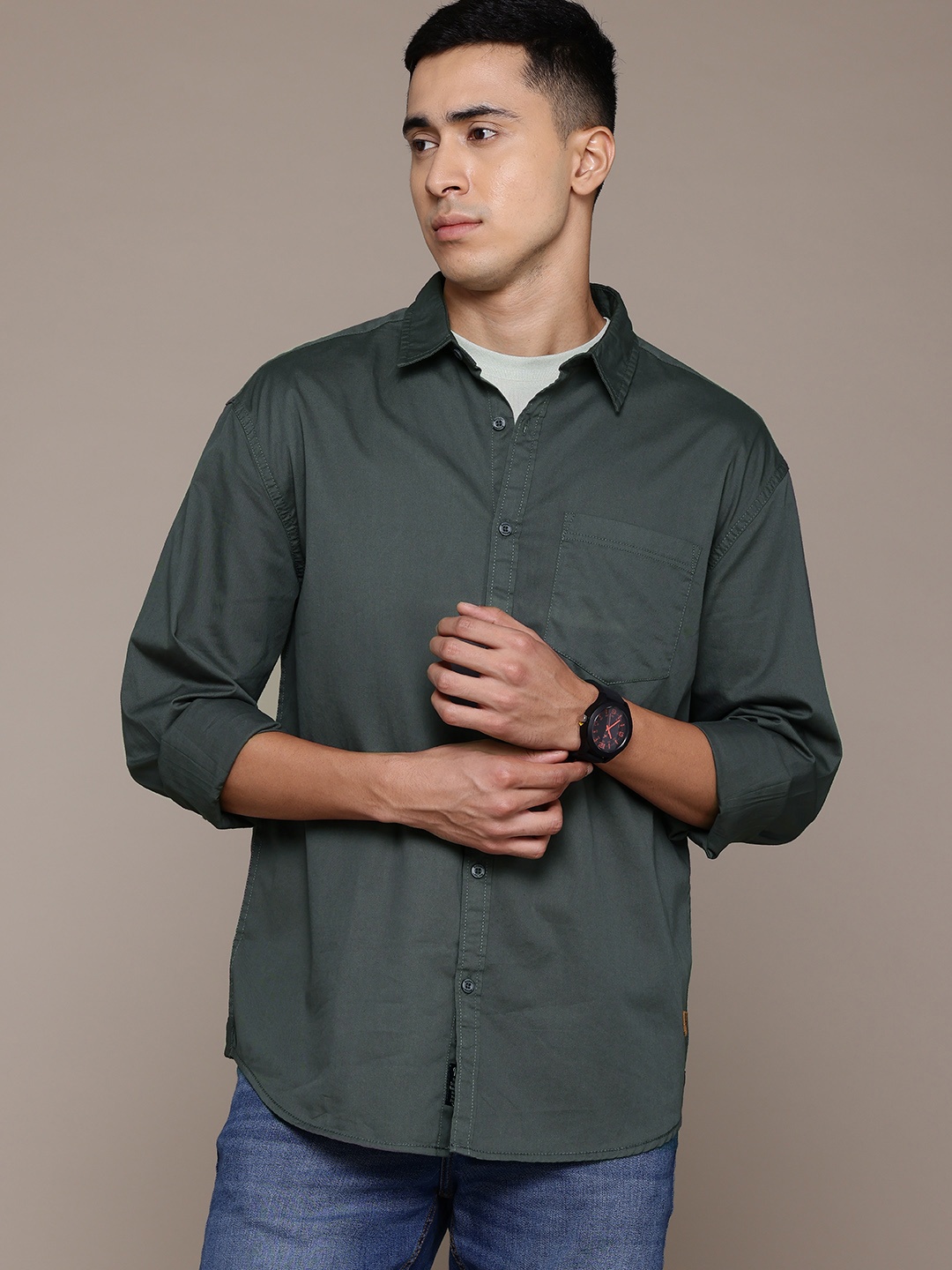 

Roadster The Life Co. Relaxed Fit Pure Cotton Shirt, Green