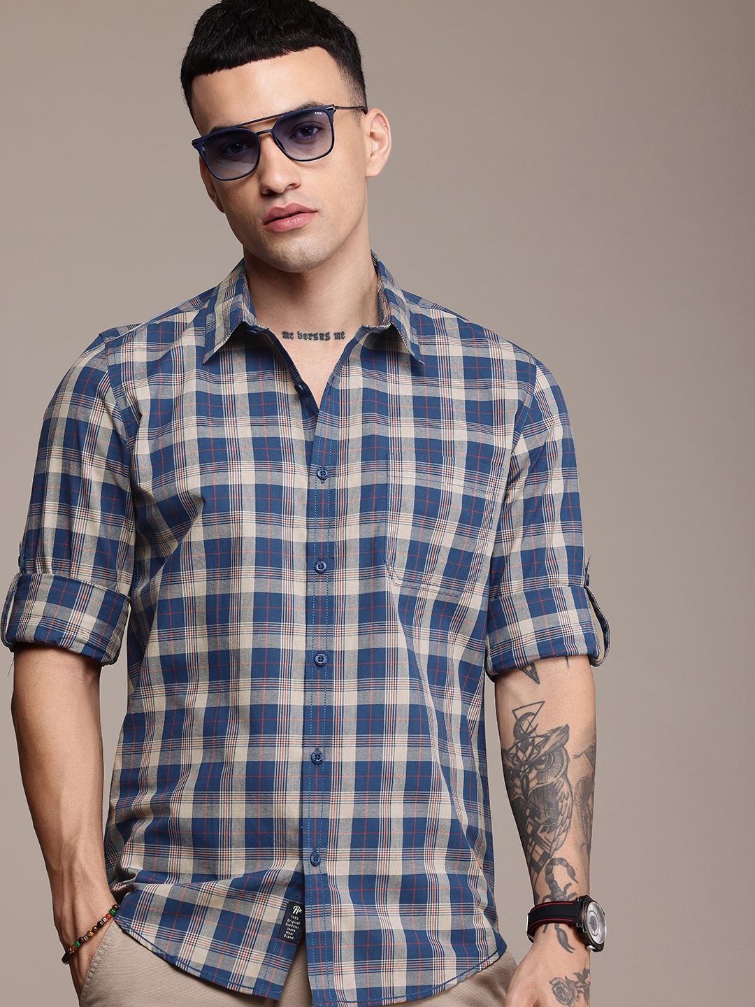 

The Roadster Life Co. Tartan Checked Relaxed Fit Pure Cotton Casual Shirt, Blue