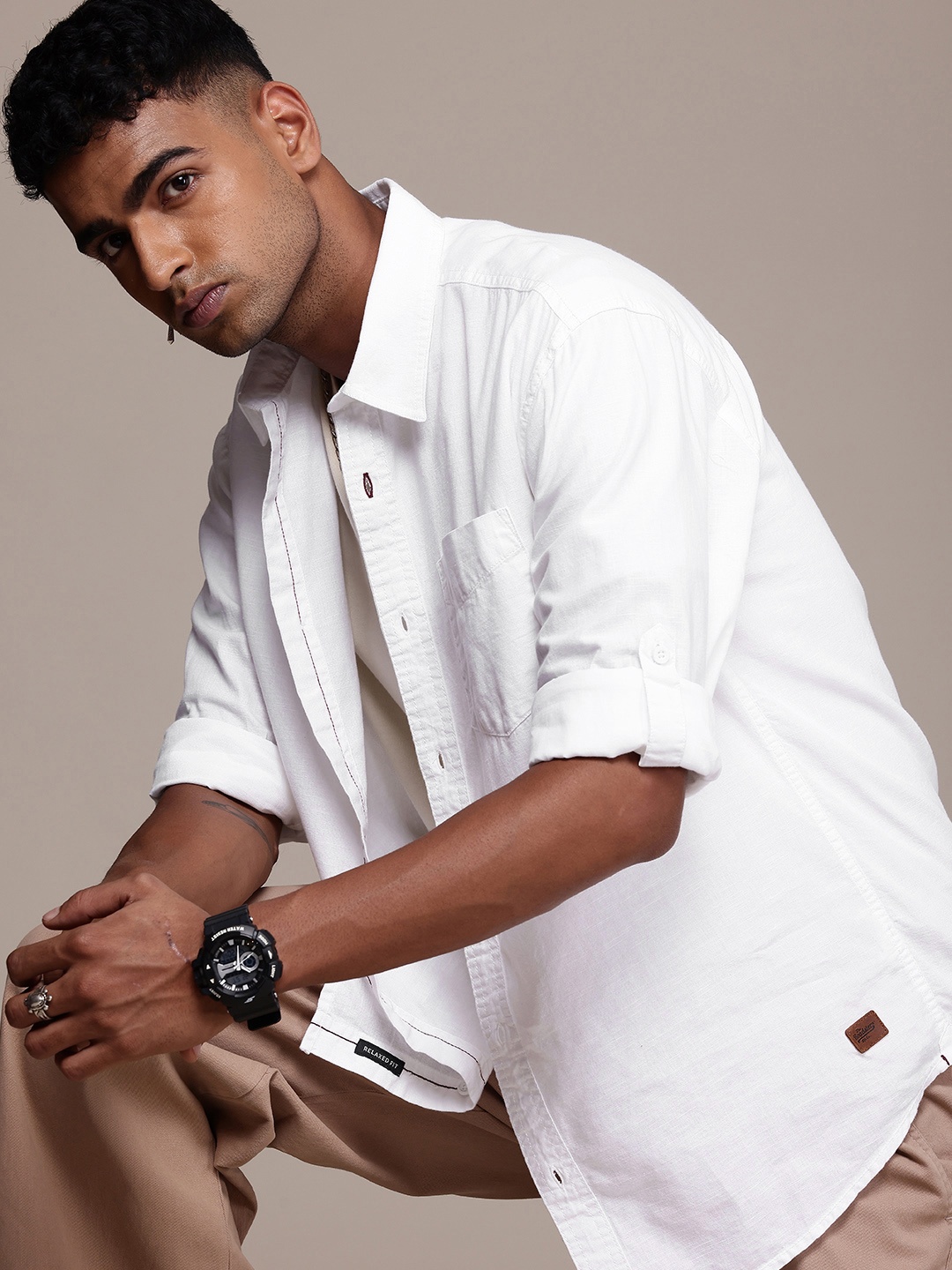

The Roadster Life Co. Pure Cotton Roll-Up Sleeves Casual Shirt, White