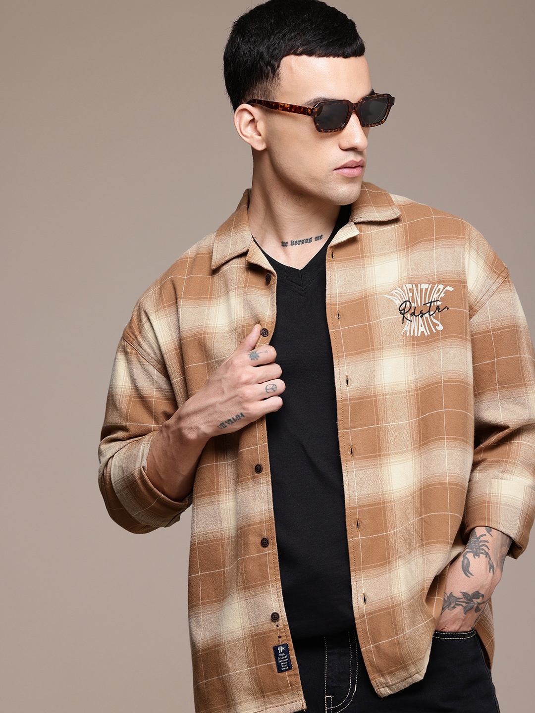 

The Roadster Life Co. Pure Cotton Checked Relaxed Fit Casual Shirt, Brown