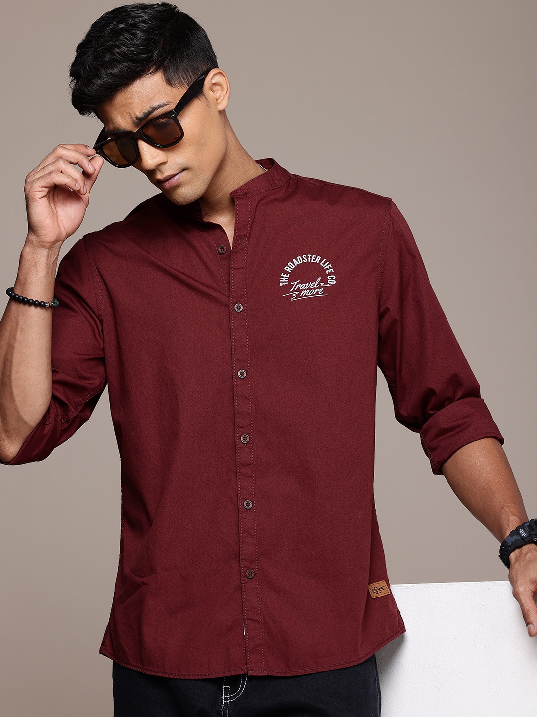 

The Roadster Life Co. Pure Cotton Brand Logo Printed Casual Shirt, Maroon