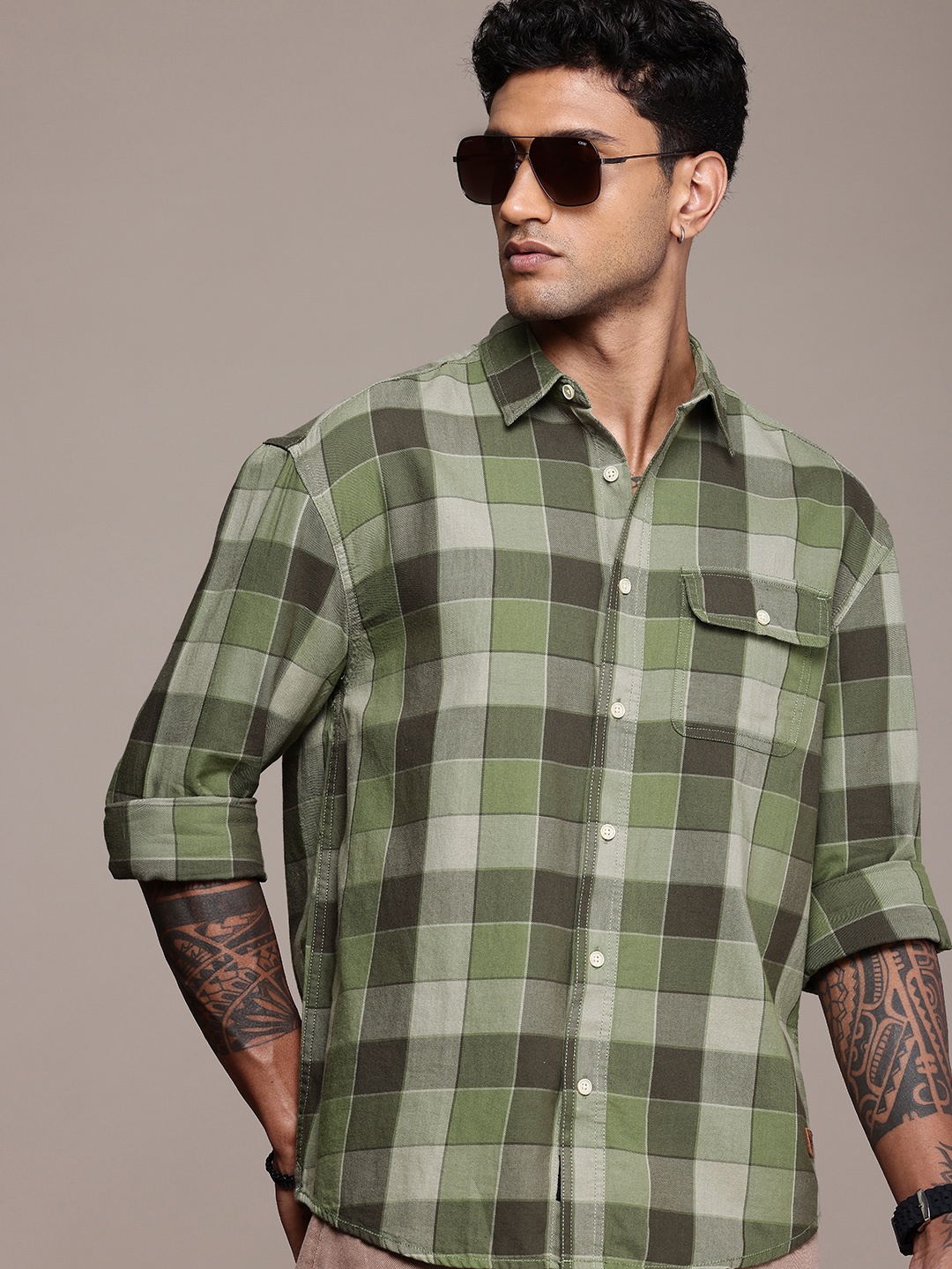 

The Roadster Life Co. Pure Cotton Buffalo Checked Relaxed Fit Casual Shirt, Olive