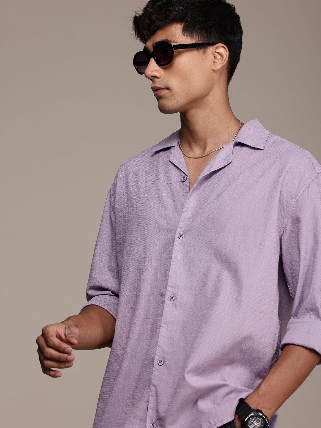 

The Roadster Life Co. Self Design Pure Cotton Opaque Relaxed Fit Casual Shirt, Lavender