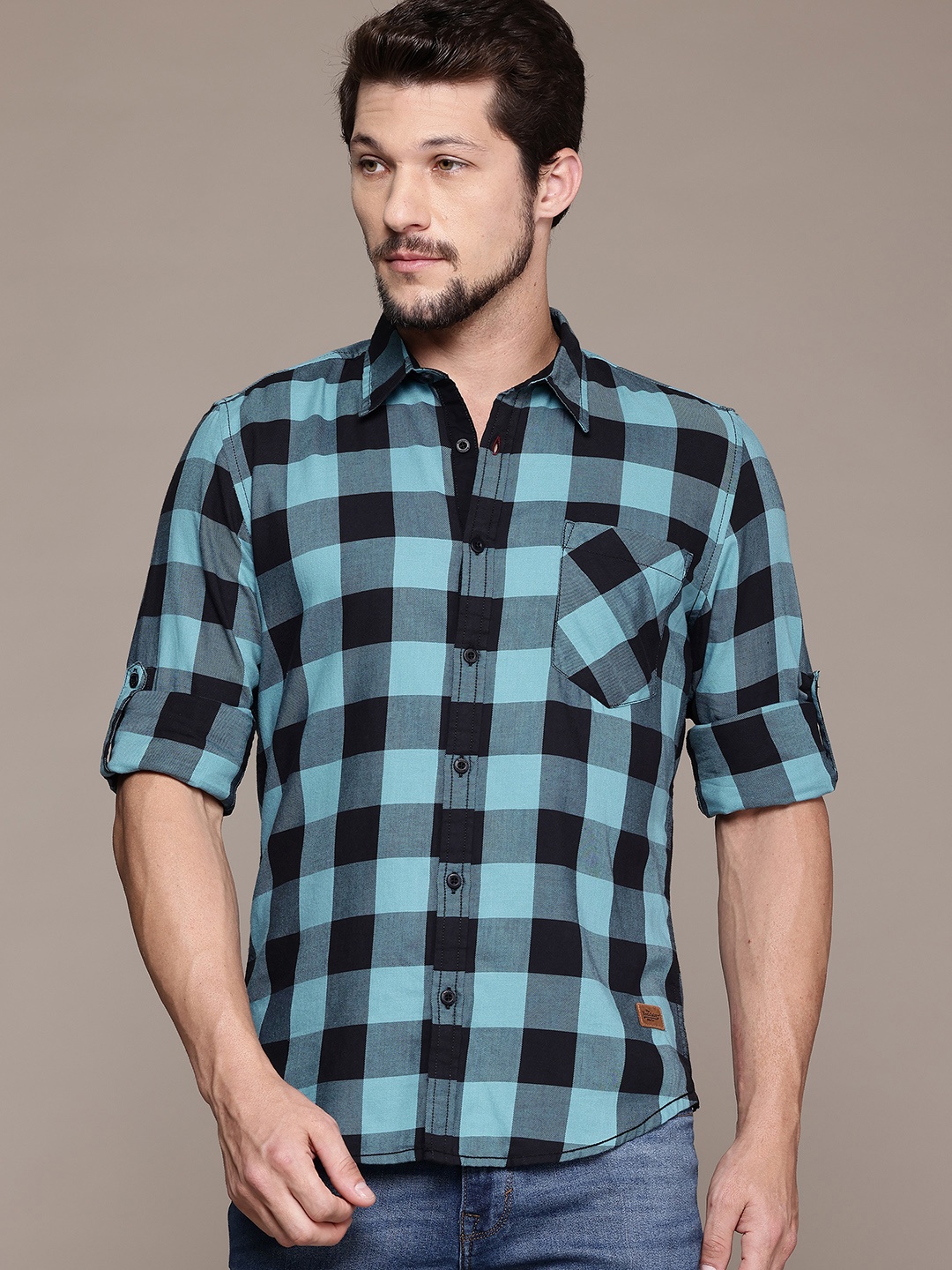 

The Roadster Lifestyle Co. Buffalo Checks Pure Cotton Casual Shirt, Blue