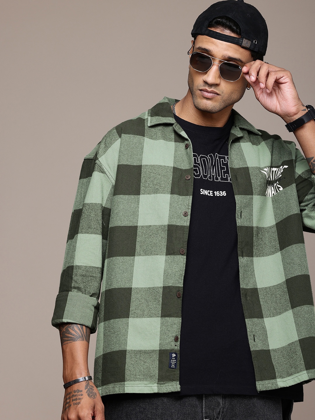 

The Roadster Life Co. Pure Cotton Buffalo Checked Casual Shacket, Olive