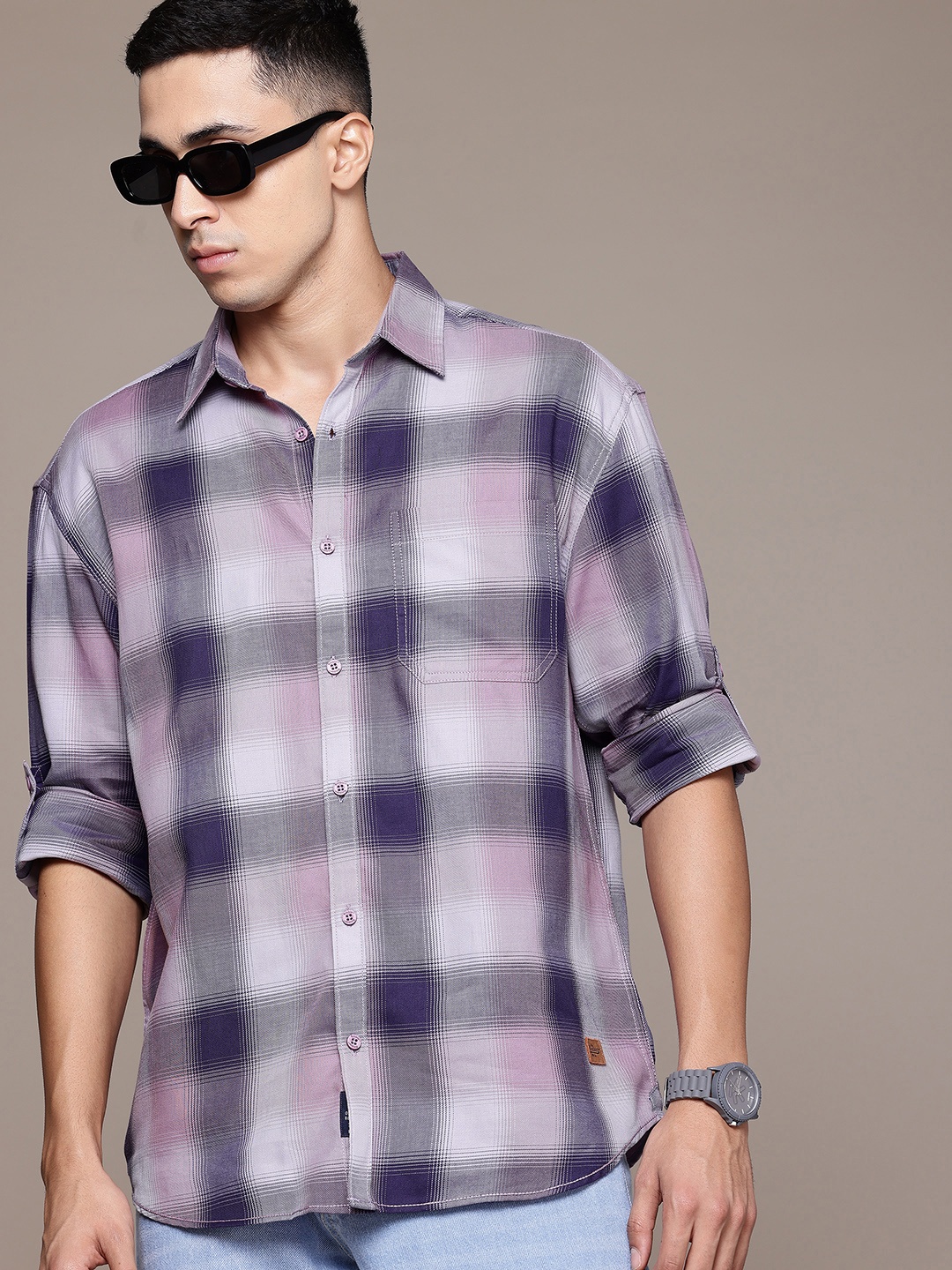 

The Roadster Lifestyle Co. Checked Roll-Up Sleeve Shirt, Purple