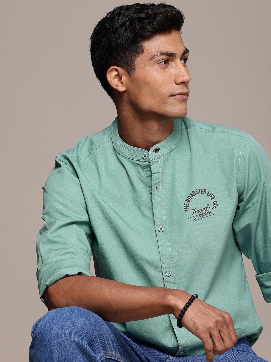 

The Roadster Life Co. Pure Cotton Band Collar Opaque Casual Shirt, Sea green