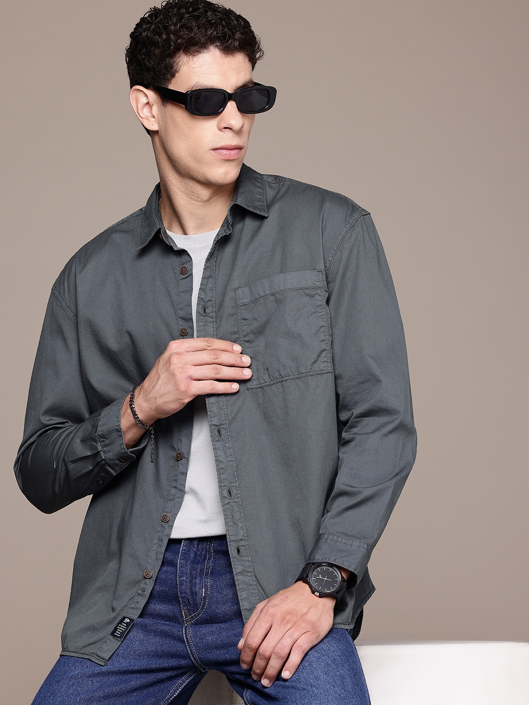

The Roadster Life Co. Pure Cotton Relaxed Fit Opaque Casual Shirt, Grey