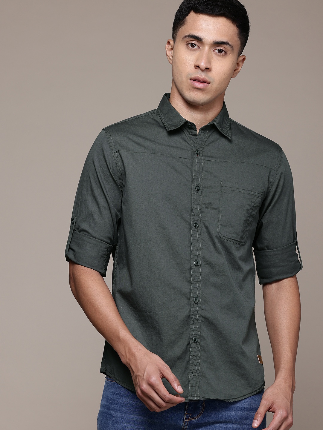 

The Roadster Lifestyle Co. Pure Cotton Opaque Casual Shirt, Olive