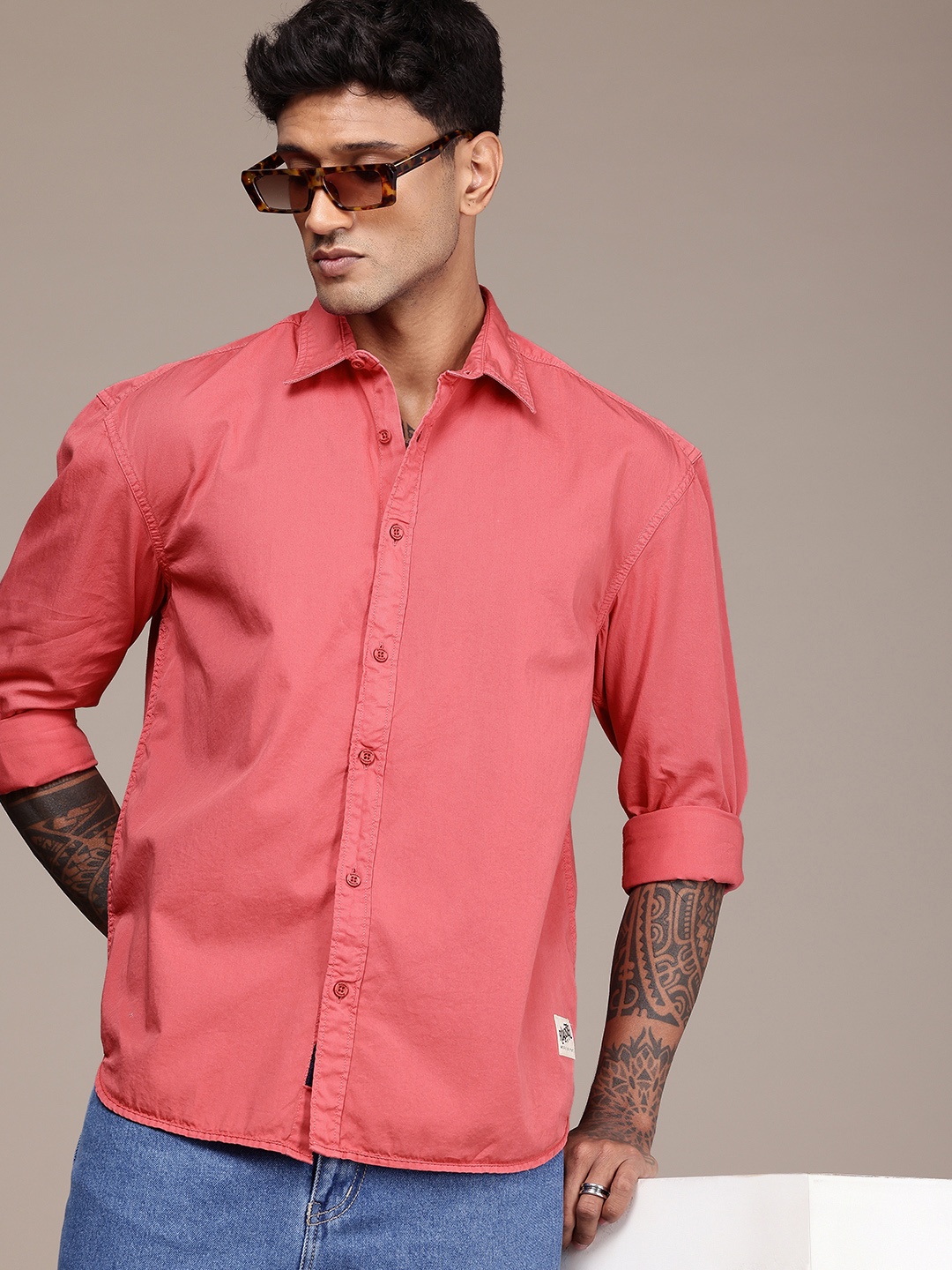 

The Roadster Life Co. Relaxed Fit Drop-Shoulder Sleeves Pure Cotton Casual Shirt, Coral