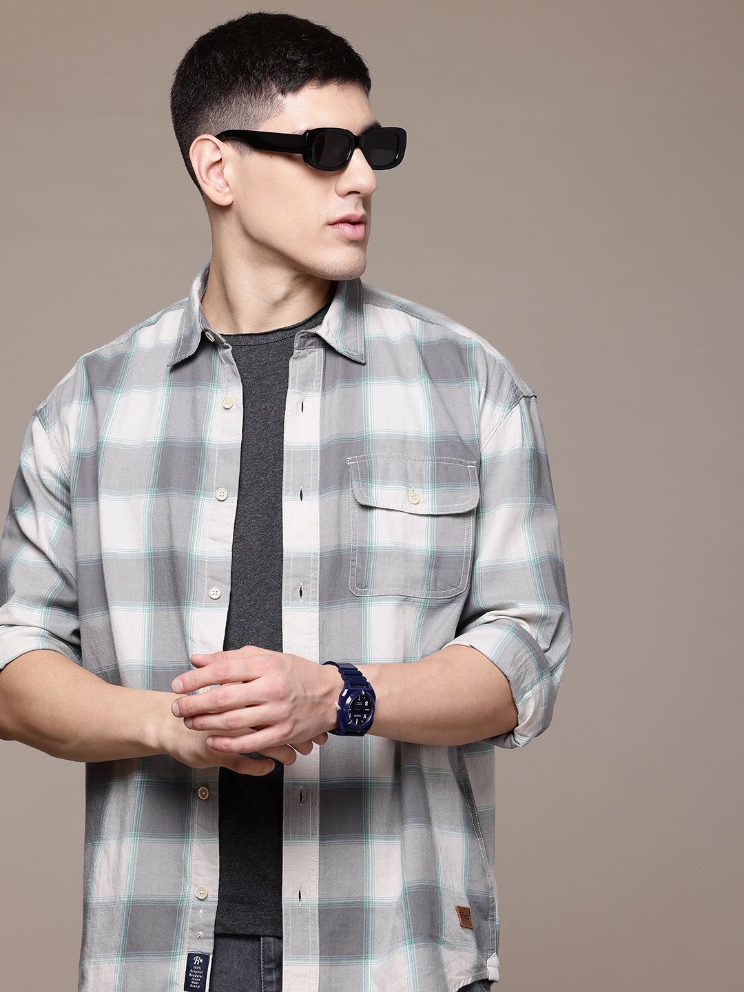 

The Roadster Lifestyle Co. Pure Cotton Checked Relaxed Fit Shirt, Grey