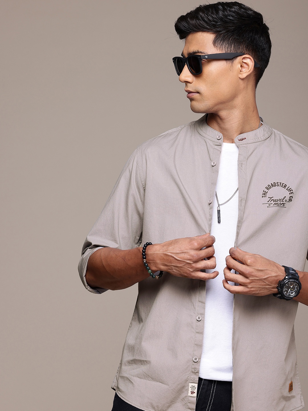 

The Roadster Life Co. Pure Cotton Brand Logo Printed Casual Shirt, Grey