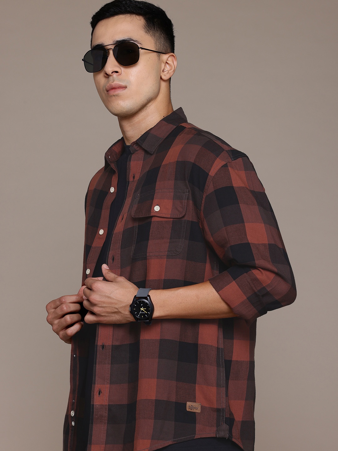 

Roadster The Life Co. Men Checked Pure Cotton Shirt, Rust