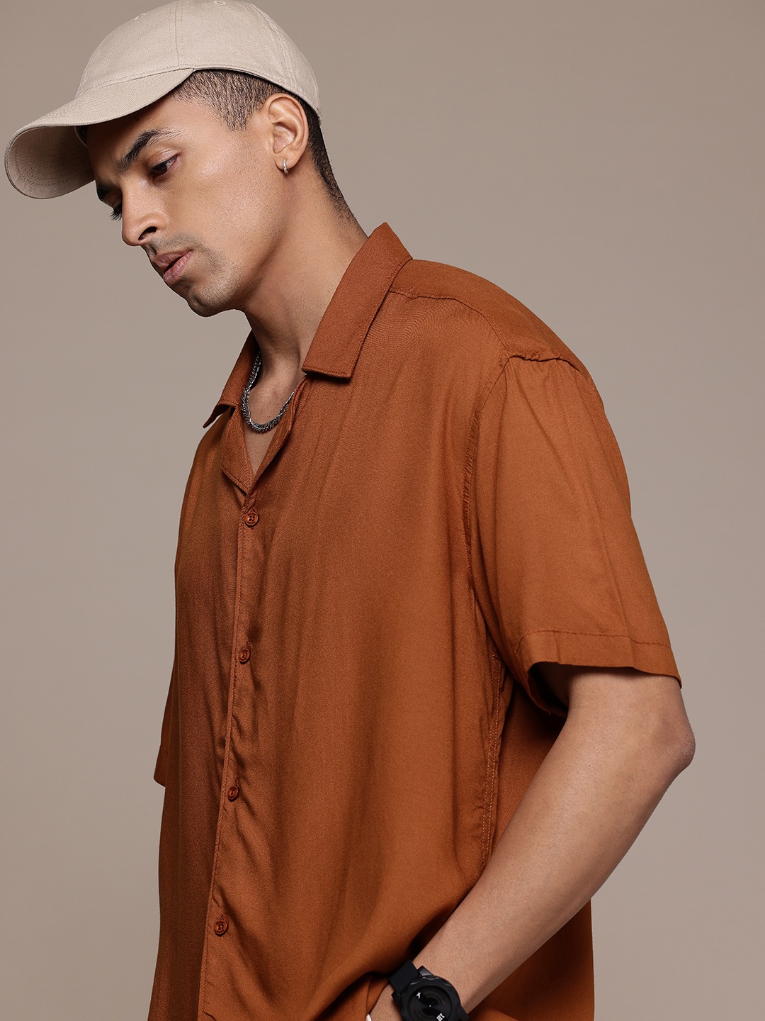 

The Roadster Life Co. Cuban Collar Relaxed Fit Opaque Casual Shirt, Rust