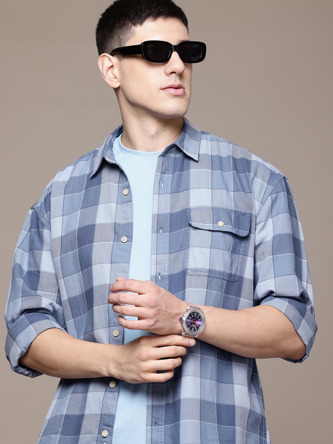 

The Roadster Lifestyle Co. Buffalo Checks Pure Cotton Relaxed Shirt, Blue