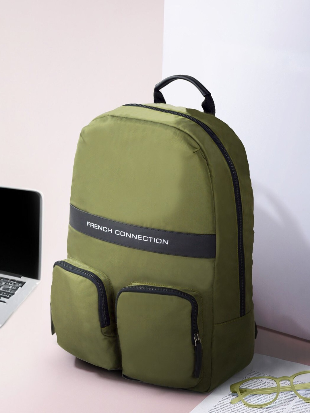 

French Connection Unisex Brand Logo Printed Backpack - Up to 15 inch Laptop, Olive