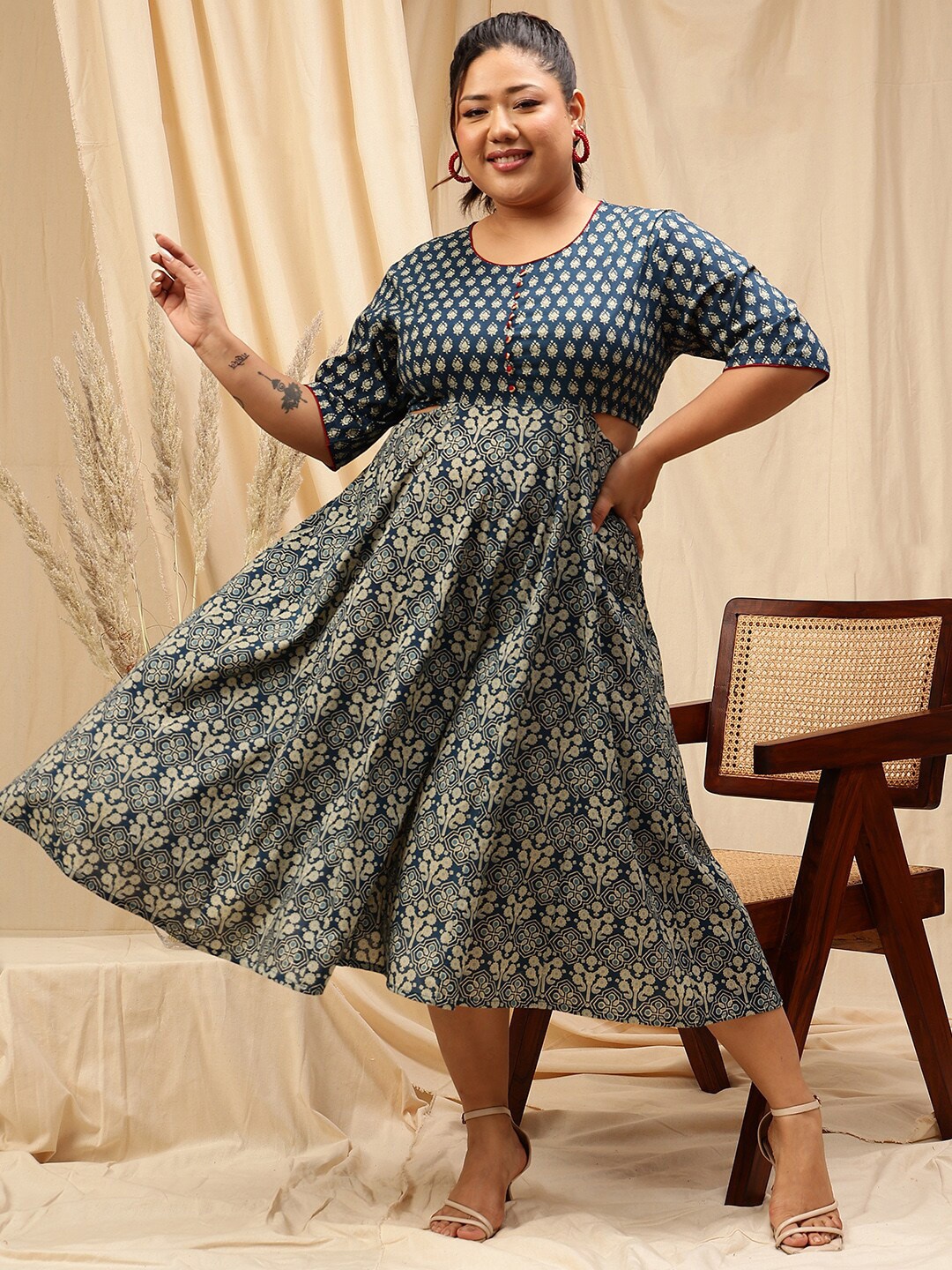 

CURVY STREET Ethnic Motifs Print A-Line Dress, Blue