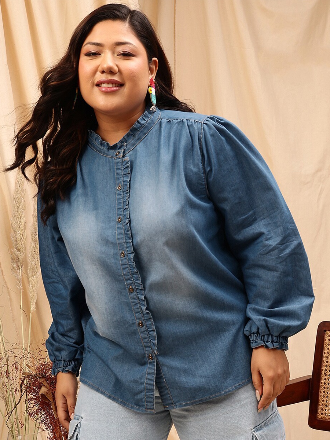 

CURVY STREET Blue Comfort Cotton Mandarin Collar Straight Casual Shirt