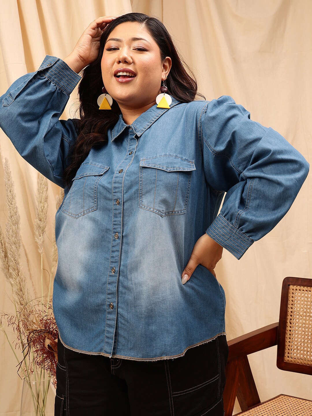 

CURVY STREET Plus Size Cotton Comfort Opaque Denim Shirt, Blue