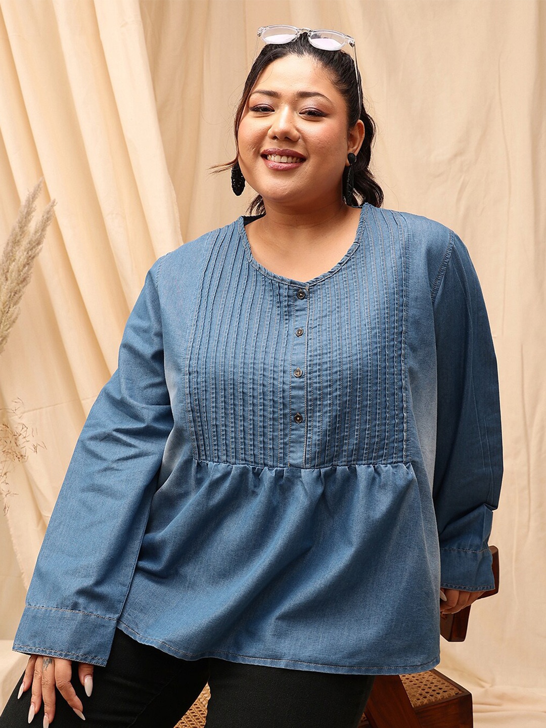

CURVY STREET Plus Size Round Neck Cotton Denim Top, Blue