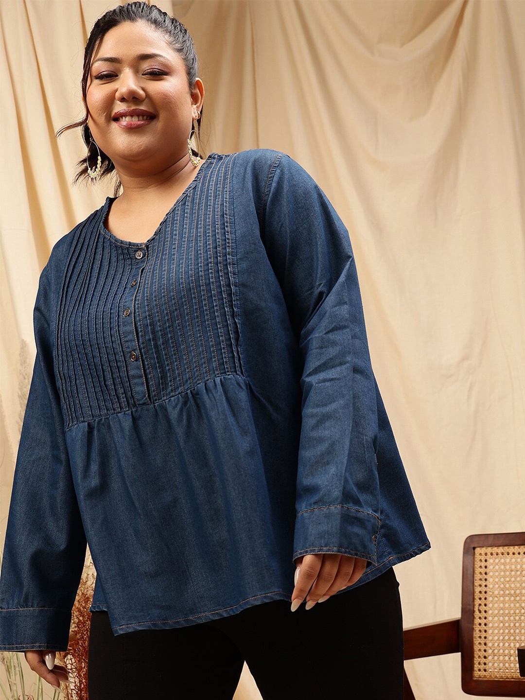 

CURVY STREET Plus Size V-Neck Cotton Denim Top, Blue