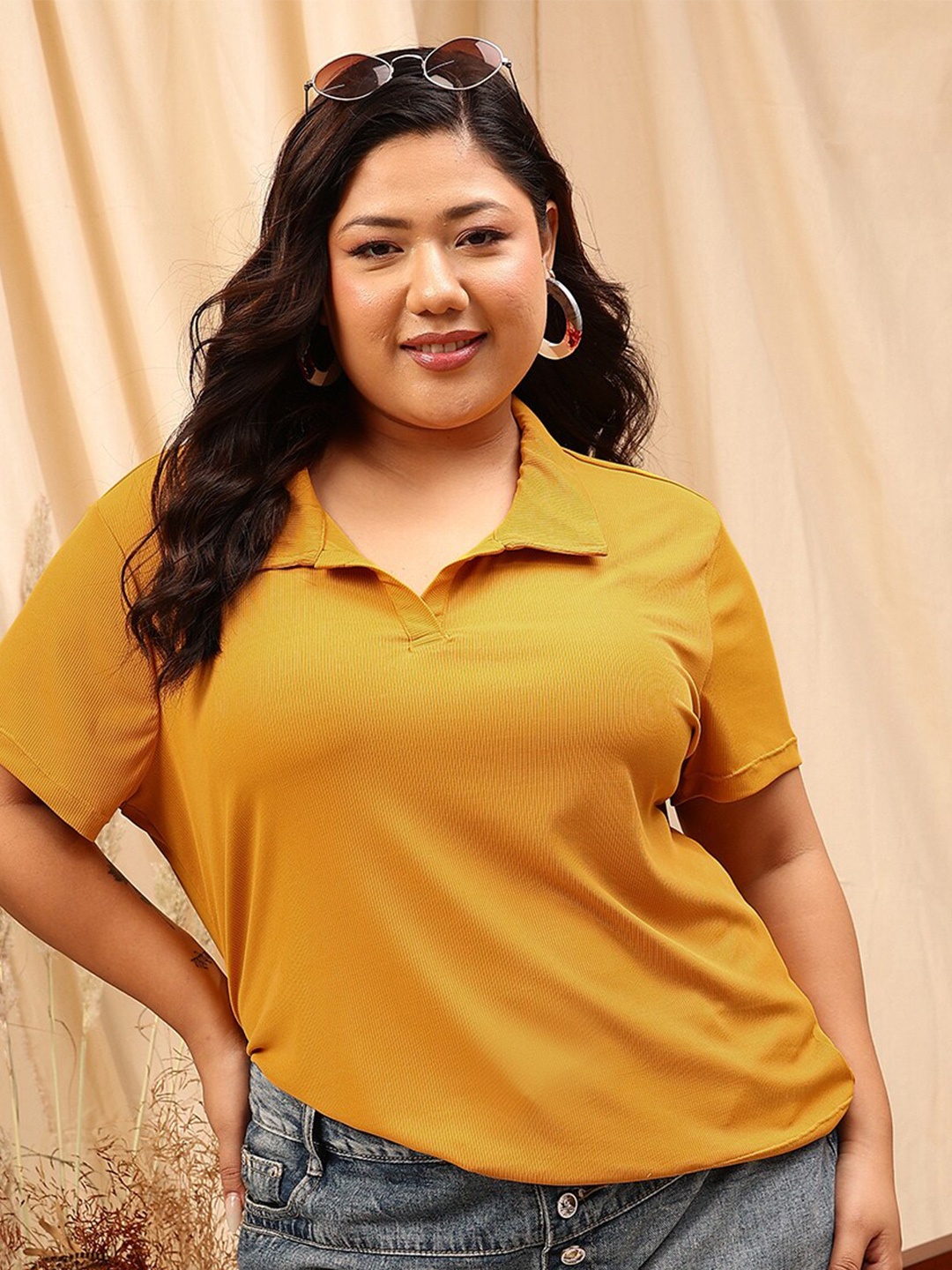 

CURVY STREET Plus Size Striped Opaque Knitted Shirt, Mustard