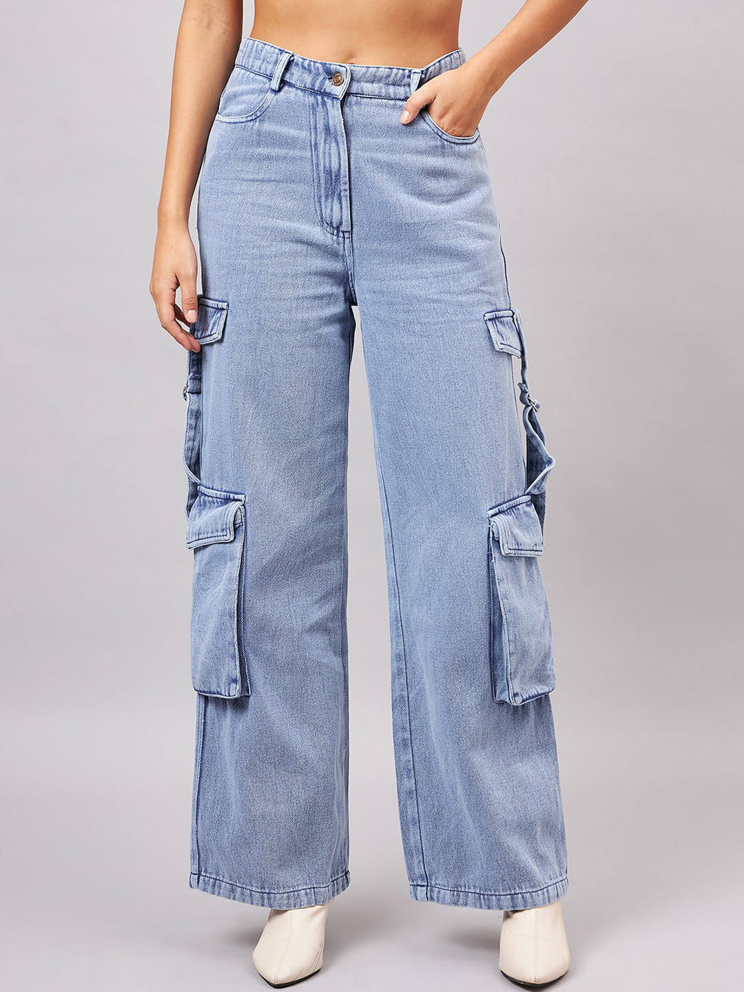 

Orchid Blues Women Flared High-Rise Heavy Fade Denim Cargo, Blue