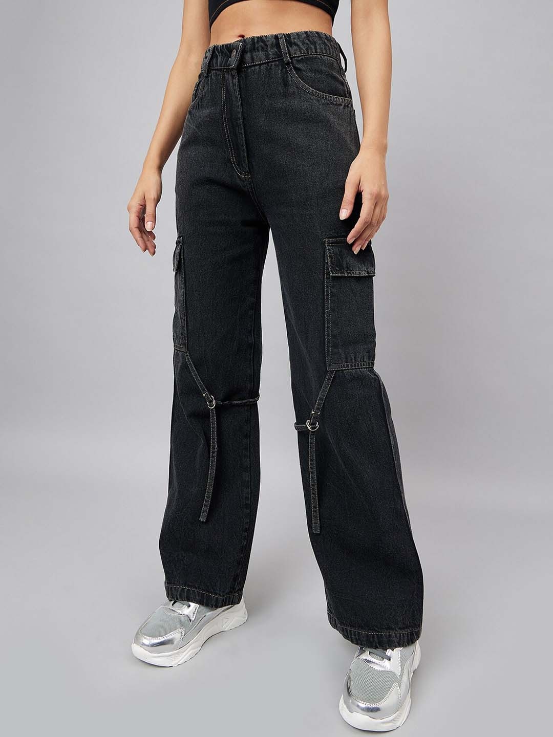 

Orchid Blues Women Flared High-Rise Light Fade Cotton Denim Cargo, Black