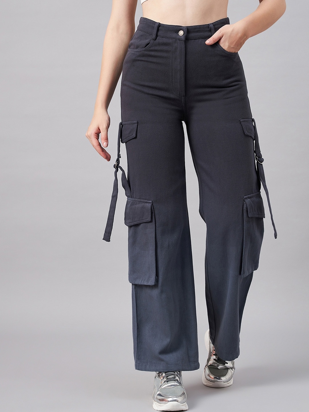

Orchid Blues Women Flared High-Rise Clean Look Cotton Cargo Jeans, Blue
