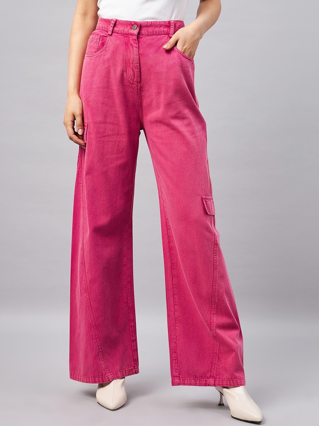 

Orchid Blues Women Flared High Rise Clean Look Cotton Jeans, Pink