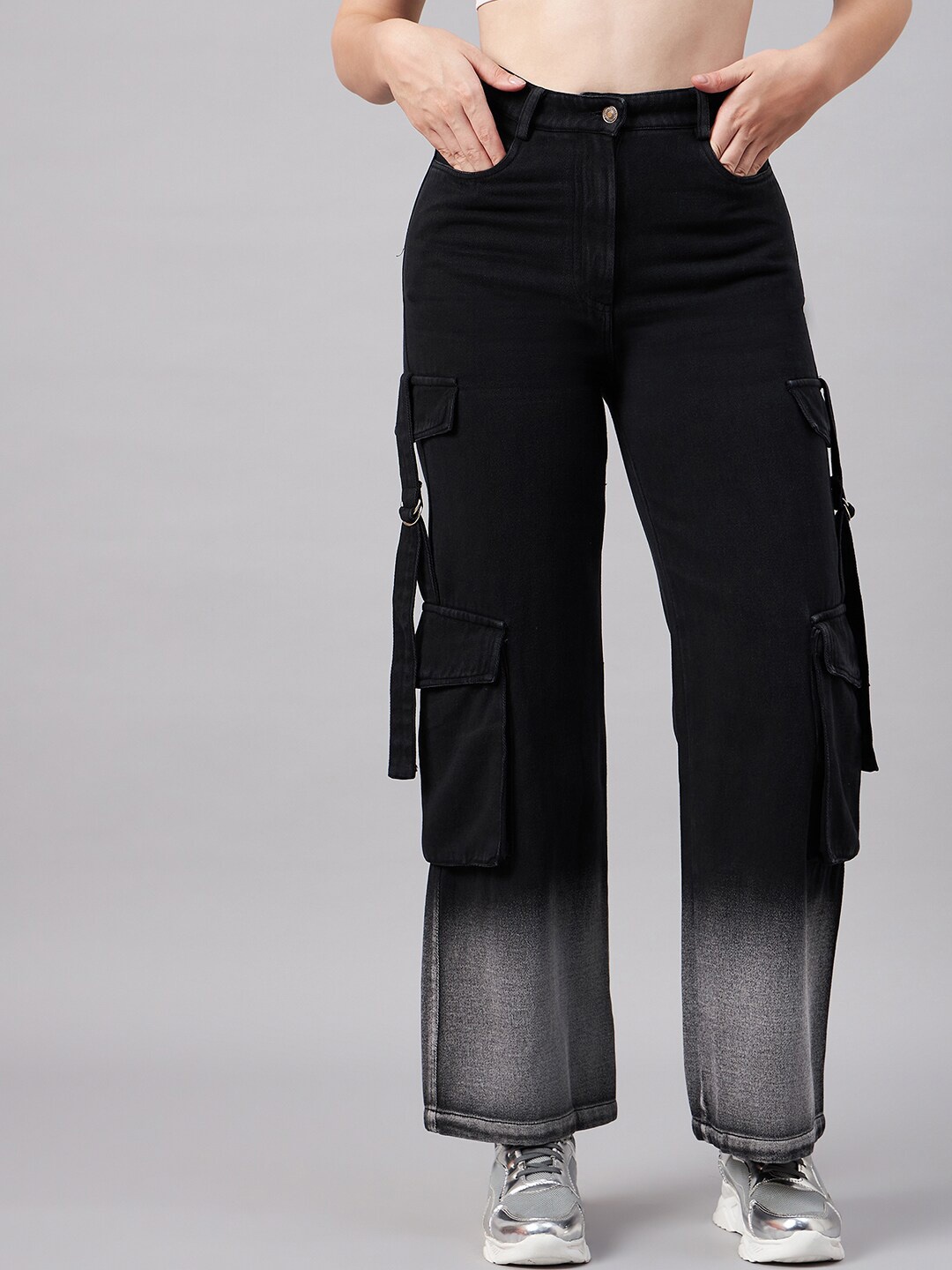 

Orchid Blues Women High-Rise Heavy Cotton Fade Denim Cargo, Black
