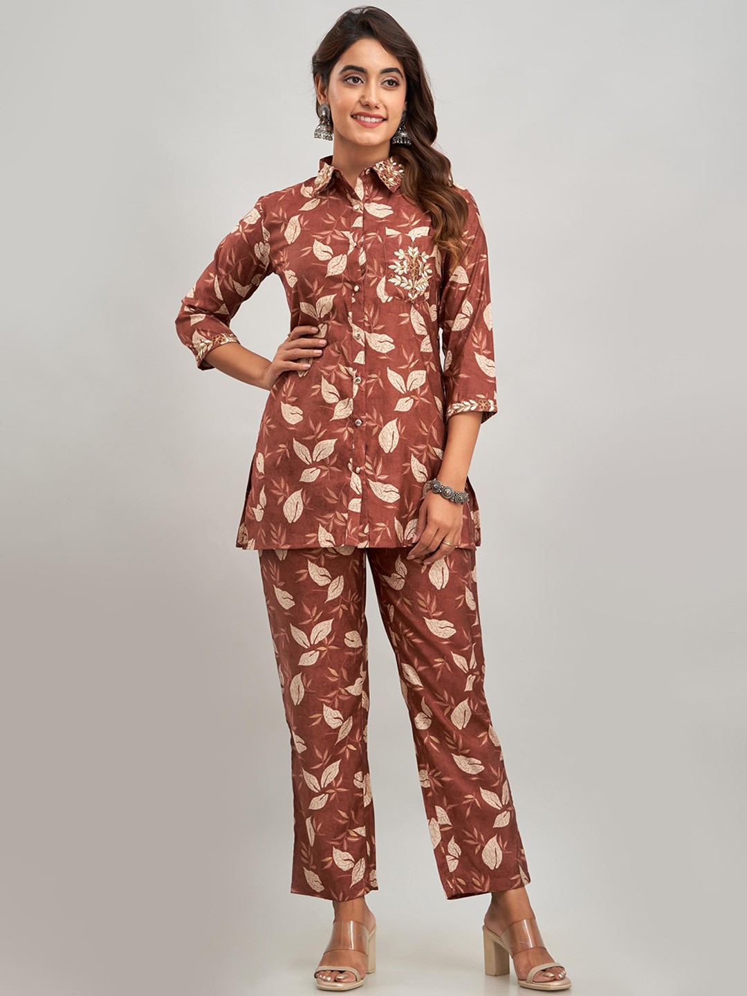 

Charu Modal Floral Printed Thread Work Shirt With Trouser, Brown
