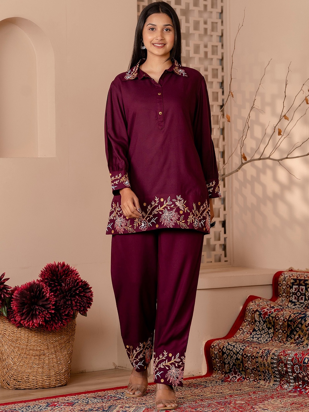 

Charu Embroidered Collar Neck Top & Mid-Rise Trousers Co-Ords, Burgundy