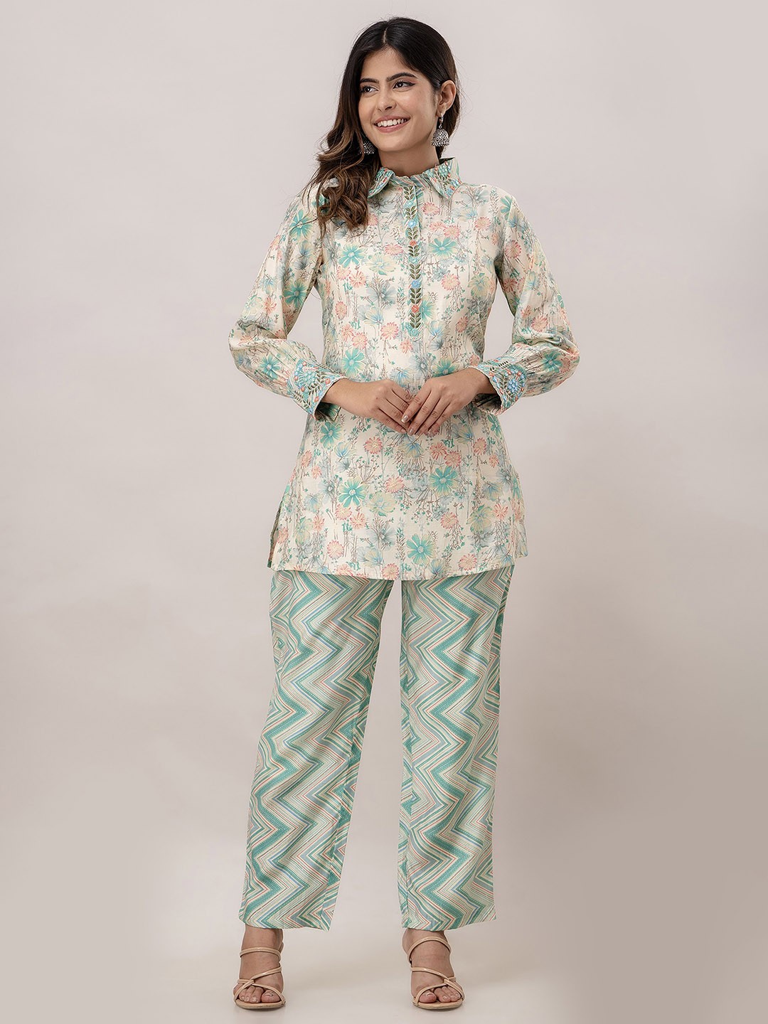 

Charu Floral Printed Thread Work Longline Top With Trouser, White