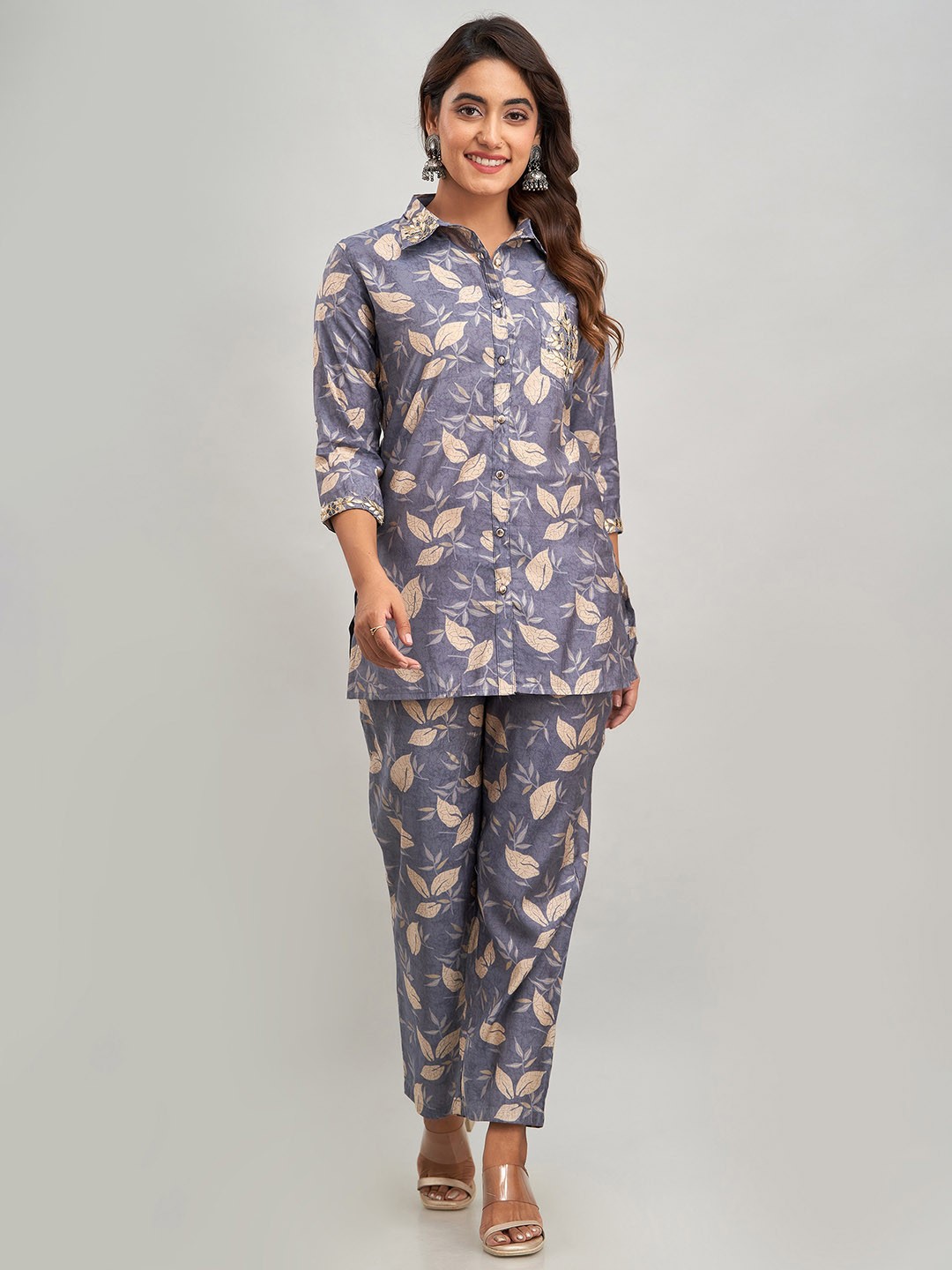 

Charu Floral Printed Thread Work Shirt Collar Shirt & Mid-Rise Trouser, Grey